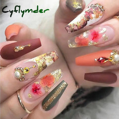 Cyflymder 24Pcs False Nails Rhinestone Glitter Marble Grain Design Fake Fingernails Long Ballet