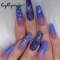 Cyflymder 24Pcs False Nails Rhinestone Glitter Marble Grain Design Fake Fingernails Long Ballet
