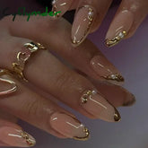 Cyflymder 24Pcs French Gold Edge Wearable Almond Press on Fake Nails Simple Pearl Decoration False Nails with Glue Full