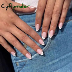 Cyflymder 24Pcs French Oval False Nails Girls White Edge Design Nude Color Wearable Press On Nail