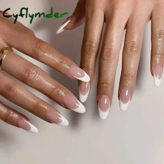 Cyflymder 24Pcs French Oval False Nails Girls White Edge Design Nude Color Wearable Press On Nail