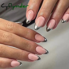 Cyflymder 24Pcs French Oval False Nails Girls White Edge Design Nude Color Wearable Press On Nail