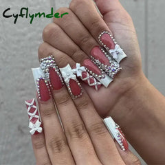 Cyflymder 24Pcs Full Cover False Nails Pink Full Rhinestone Bow Long French Coffin Nail Tips Detachable Fake Nail Press