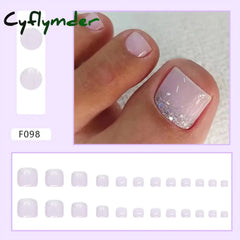 Cyflymder 24pcs Glitter Sequins Fake Toenails Simple Wearable False Toenails for Girls Women Acrylic Foot Nail Tips