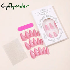 Cyflymder 24pcs Gradient Rose Pink False Nails Glossy Cat Eye Design Fake Nail Tips For Girls Women Almond Press On