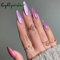 Cyflymder 24pcs Gradient Rose Pink False Nails Glossy Cat Eye Design Fake Nail Tips For Girls Women Almond Press On