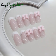 Cyflymder 24pcs Light Pink Press On Nails 3D Bowknots Designs False Nail Patches Wearable White French Style Fake Nail