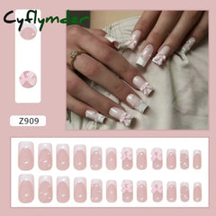 Cyflymder 24pcs Light Pink Press On Nails 3D Bowknots Designs False Nail Patches Wearable White French Style Fake Nail