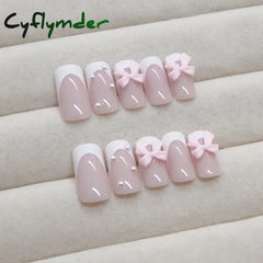 Cyflymder 24pcs Light Pink Press On Nails 3D Bowknots Designs False Nail Patches Wearable White French Style Fake Nail
