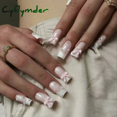 Cyflymder 24pcs Light Pink Press On Nails 3D Bowknots Designs False Nail Patches Wearable White French Style Fake Nail