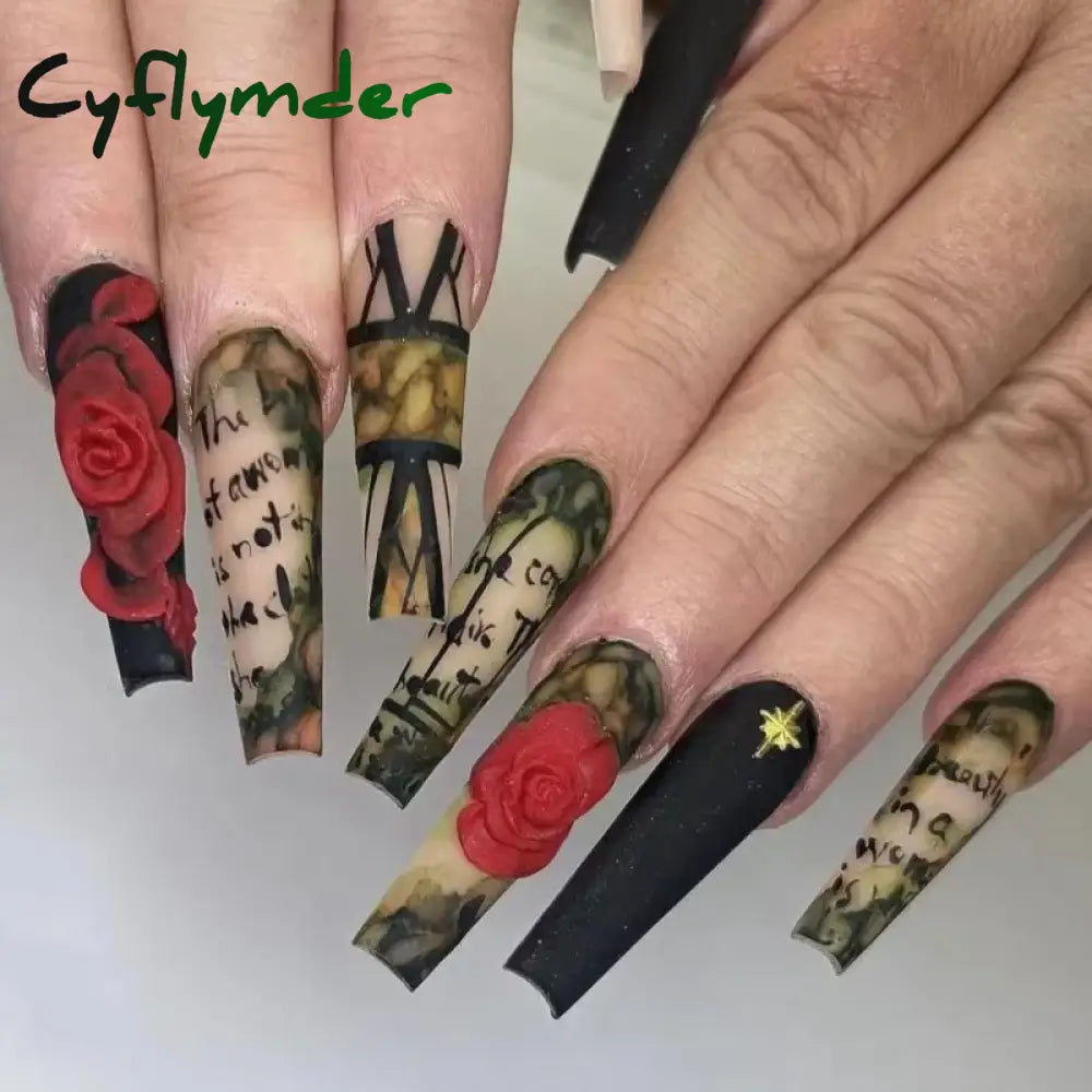 Cyflymder 24Pcs Long Ballerina Nails Set Press On Wearable Artifical False With Glue Roses Pattern