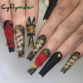 Cyflymder 24Pcs Long Ballerina Nails Set Press On Wearable Artifical False With Glue Roses Pattern