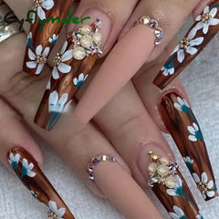 Cyflymder 24Pcs Long Ballet False Nails Full Cover Fake With Rhinestone Brown Wood Grain Design