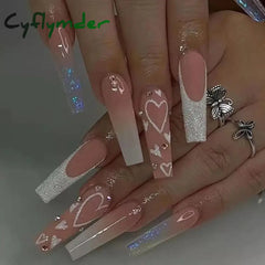 Cyflymder 24Pcs Long Ballet False Nails Full Cover Fake With Rhinestone Brown Wood Grain Design