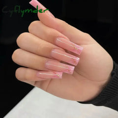 Cyflymder 24Pcs Long Ballet False Nails Full Cover Fake With Rhinestone Brown Wood Grain Design