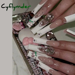 Cyflymder 24Pcs Long Ballet False Nails Full Cover Fake With Rhinestone Brown Wood Grain Design