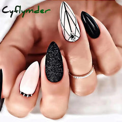 Cyflymder 24Pcs Long Stiletto Fake Nail Pink Marble Design Wearable French Almond False Nails Full