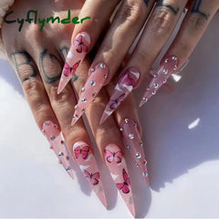 Cyflymder 24Pcs Long Stiletto Fake Nail Pink Marble Design Wearable French Almond False Nails Full