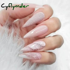 Cyflymder 24Pcs Long Stiletto Fake Nail Pink Marble Design Wearable French Almond False Nails Full