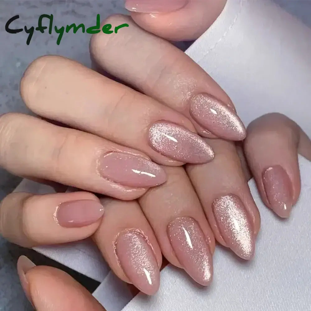 Cyflymder 24Pcs Mid-length Almond Ballet False Nails Simple Cat Eye Design Press on Fake Nail Wearable Full Cover Nail