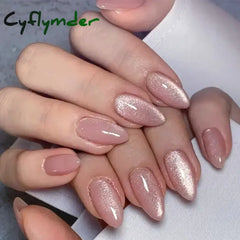 Cyflymder 24Pcs Mid-length Almond Ballet False Nails Simple Cat Eye Design Press on Fake Nail Wearable Full Cover Nail