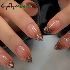 Cyflymder 24Pcs Mid-length Almond Ballet False Nails Simple Cat Eye Design Press on Fake Nail Wearable Full Cover Nail