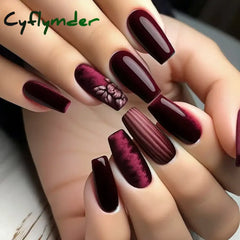 Cyflymder 24Pcs Mid-length Ballet False Nails Red Love Pattern Design Press on Nails Simple Wearable Finished Coffin