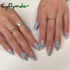 Cyflymder 24Pcs Milkey Gradient White Glitter False Nails With Glue Press On Almond Acrylic Fake