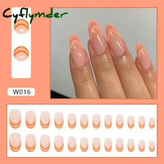 Cyflymder 24Pcs Nail Art Fake Nails Long Ballerina Press On False Set Handmade Orange Edge Almond