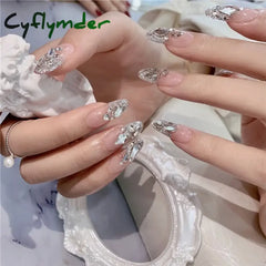 Cyflymder 24Pcs Nail Art Fake Nails Pink And Silver Glitter Wearing Reusable False Long Ballerina