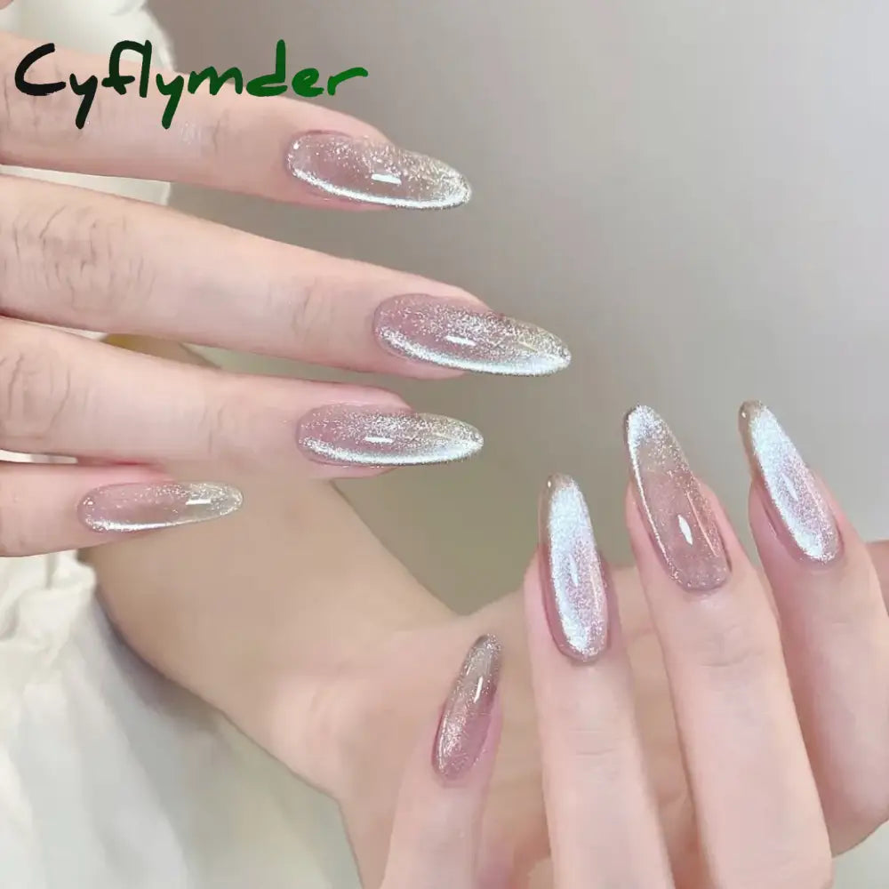 Cyflymder 24pcs Pearlescent Cat Eyes False Nails Wearable Flash Crystal Long Almond Aurora Fake Nails Press on Finished