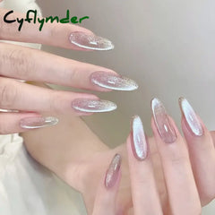 Cyflymder 24pcs Pearlescent Cat Eyes False Nails Wearable Flash Crystal Long Almond Aurora Fake Nails Press on Finished