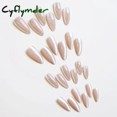 Cyflymder 24pcs Pearlescent Cat Eyes False Nails Wearable Flash Crystal Long Almond Aurora Fake Nails Press on Finished