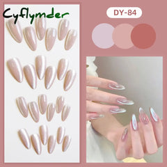 Cyflymder 24pcs Pearlescent Cat Eyes False Nails Wearable Flash Crystal Long Almond Aurora Fake Nails Press on Finished
