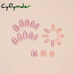 Cyflymder 24pcs Pink Bow Design Glossy Press on Nails Wearable Detachable Almond Fake Nail Tips for Girls Lady Korean