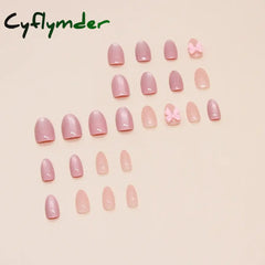 Cyflymder 24pcs Pink Bow Design Glossy Press on Nails Wearable Detachable Almond Fake Nail Tips for Girls Lady Korean