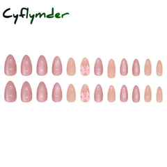 Cyflymder 24pcs Pink Bow Design Glossy Press on Nails Wearable Detachable Almond Fake Nail Tips for Girls Lady Korean