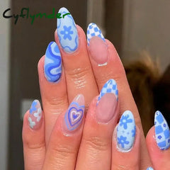 24pcs Press on Nails Long Almond Blue Line Love Flower Lattice Print Fake Nail French Tip Press on Nails Cute Nail