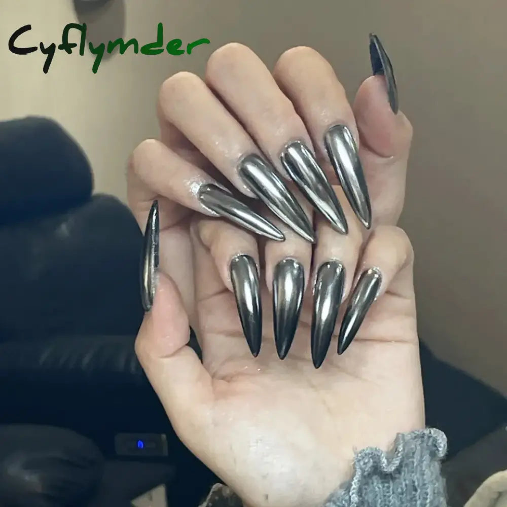Cyflymder 24pcs Punk Metal Fake Nails Press On Finished Long Pointed Silver Mirror y2k Nail Tips Full Cover Stiletto