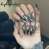 Cyflymder 24pcs Punk Metal Fake Nails Press On Finished Long Pointed Silver Mirror y2k Nail Tips Full Cover Stiletto