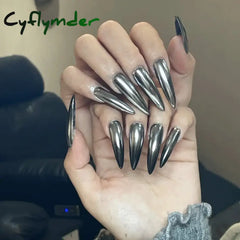 Cyflymder 24pcs Punk Metal Fake Nails Press On Finished Long Pointed Silver Mirror y2k Nail Tips Full Cover Stiletto