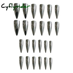 Cyflymder 24pcs Punk Metal Fake Nails Press On Finished Long Pointed Silver Mirror y2k Nail Tips Full Cover Stiletto