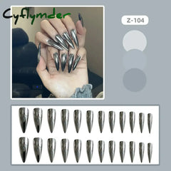 Cyflymder 24pcs Punk Metal Fake Nails Press On Finished Long Pointed Silver Mirror y2k Nail Tips Full Cover Stiletto