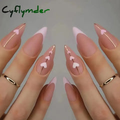Cyflymder 24Pcs Round Head Fake Nails With French Design Long Almond Pink Love False Nail Tips