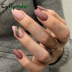 Cyflymder 24Pcs/Set Fake Nails With Glue Full Cover Nail Tips Press On Med Nails DIY Manicure Oval Head False Nails