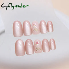 Cyflymder 24pcs/set French Strawberry Butterfly Cat Eye Press on Nails Fake Nails Manicure Detachable Nail Tips Oval