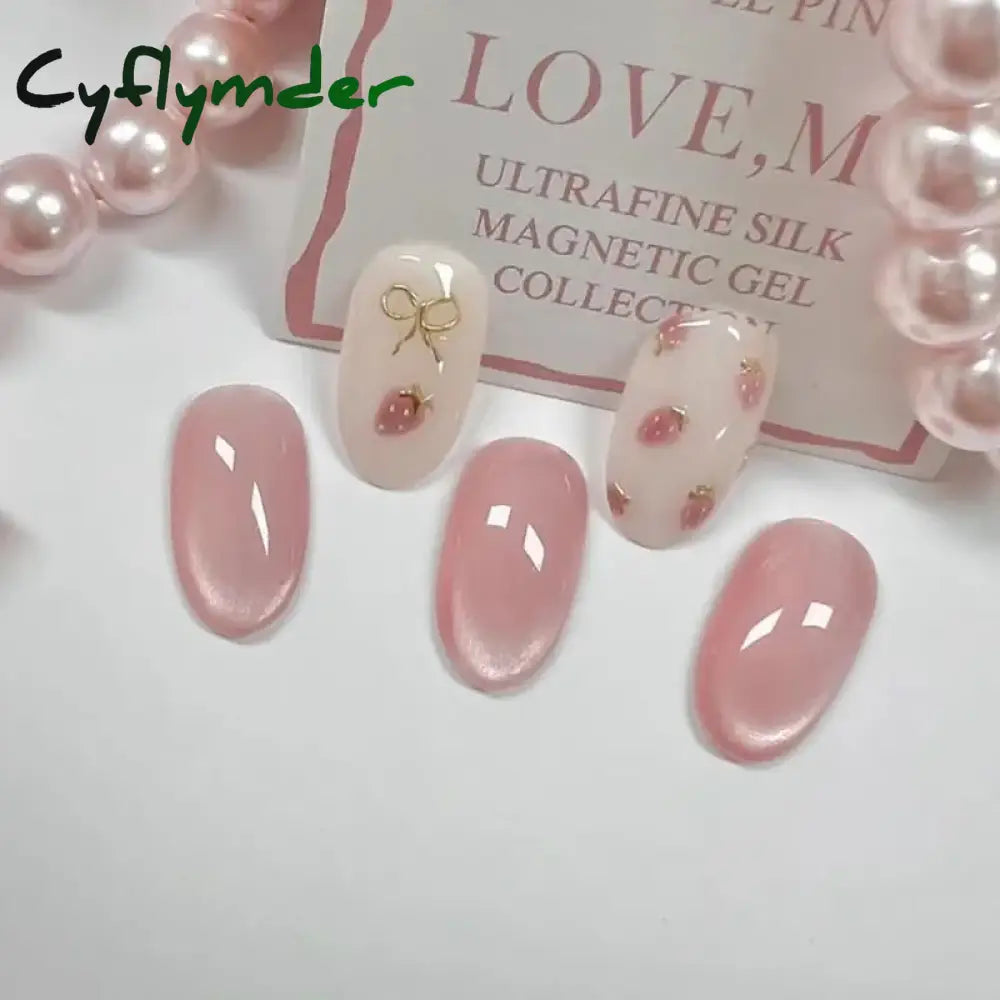 Cyflymder 24pcs/set French Strawberry Butterfly Cat Eye Press on Nails Fake Nails Manicure Detachable Nail Tips Oval