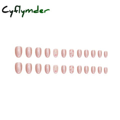 Cyflymder 24pcs/set French Strawberry Butterfly Cat Eye Press on Nails Fake Nails Manicure Detachable Nail Tips Oval