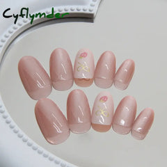 Cyflymder 24pcs/set French Strawberry Butterfly Cat Eye Press on Nails Fake Nails Manicure Detachable Nail Tips Oval