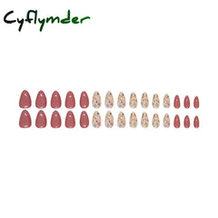Cyflymder 24pcs/set Short Almond Flowers Reusable Adhesive False Nails Cheap Artificial Presss on Nails with Glue Woman